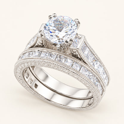 1.5 Carat Round Brilliant Cubic Zirconia Vintage Design Wedding Ring Set in Silver