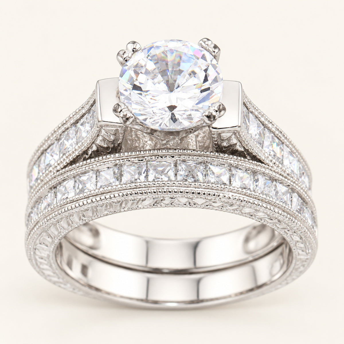 1.5 Carat Round Brilliant Cubic Zirconia Vintage Design Wedding Ring Set in Silver