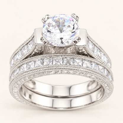 1.5 Carat Round Brilliant Cubic Zirconia Vintage Design Wedding Ring Set in Silver
