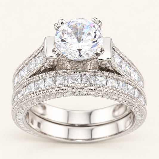 1.5 Carat Round Brilliant Cubic Zirconia Vintage Design Wedding Ring Set in Silver