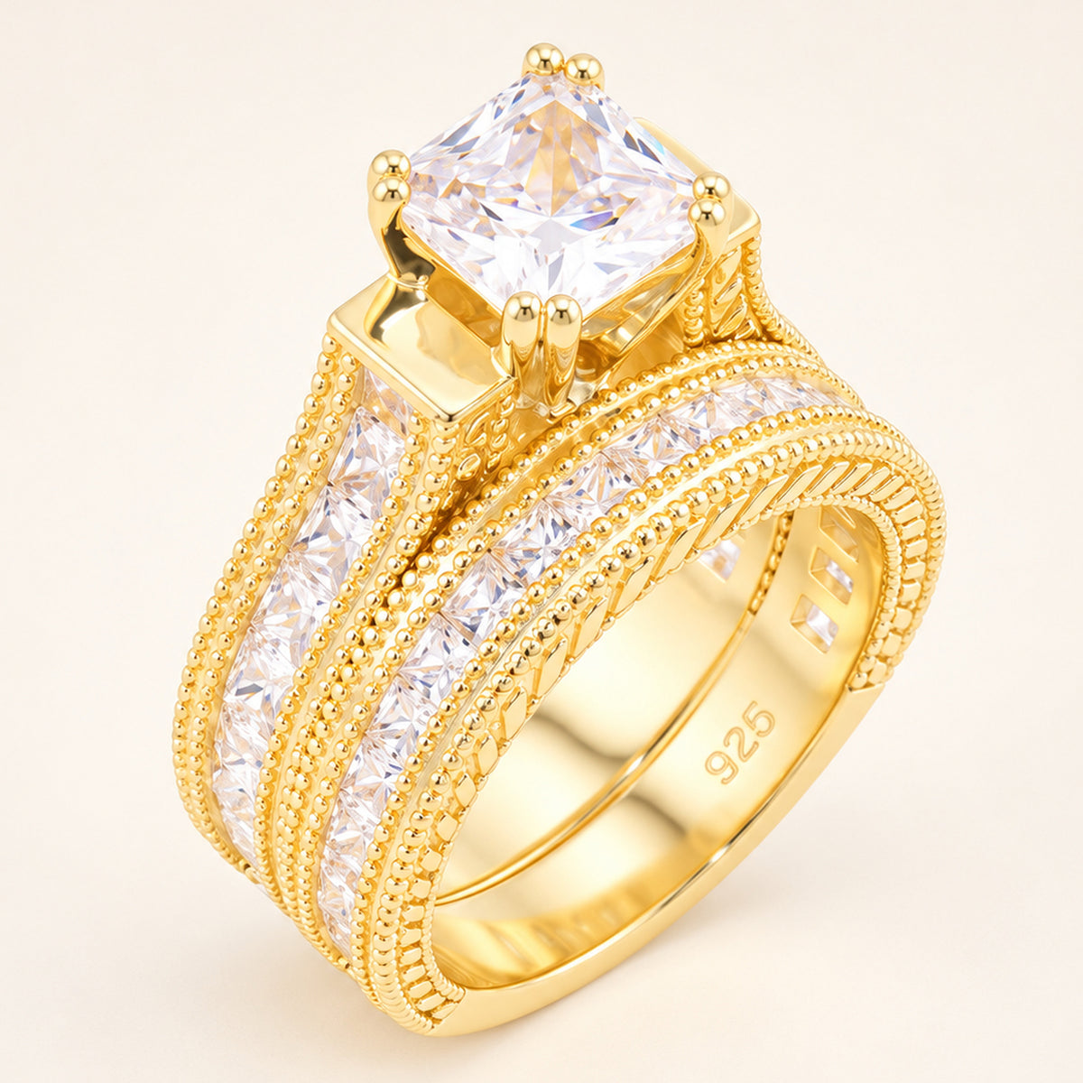 1 Carat Princess Cut Cubic Zirconia Wedding Engagement Ring Set Gold Plated Sterling Silver (Copy)