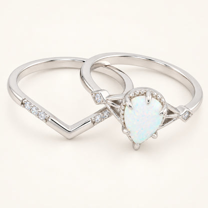 Pear Cut White Opal Wedding Engagement Ring Set Sterling Silver