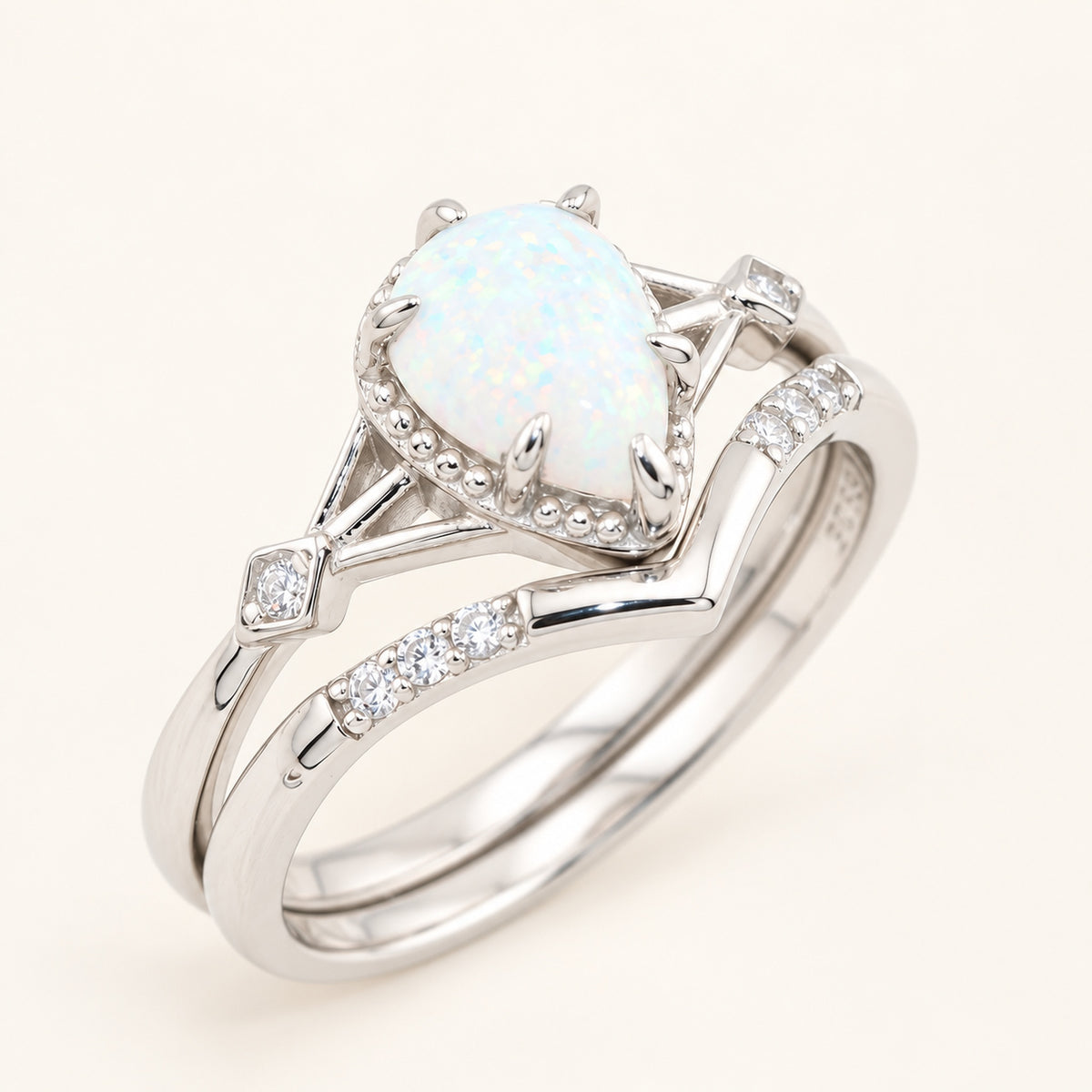 Pear Cut White Opal Wedding Engagement Ring Set Sterling Silver
