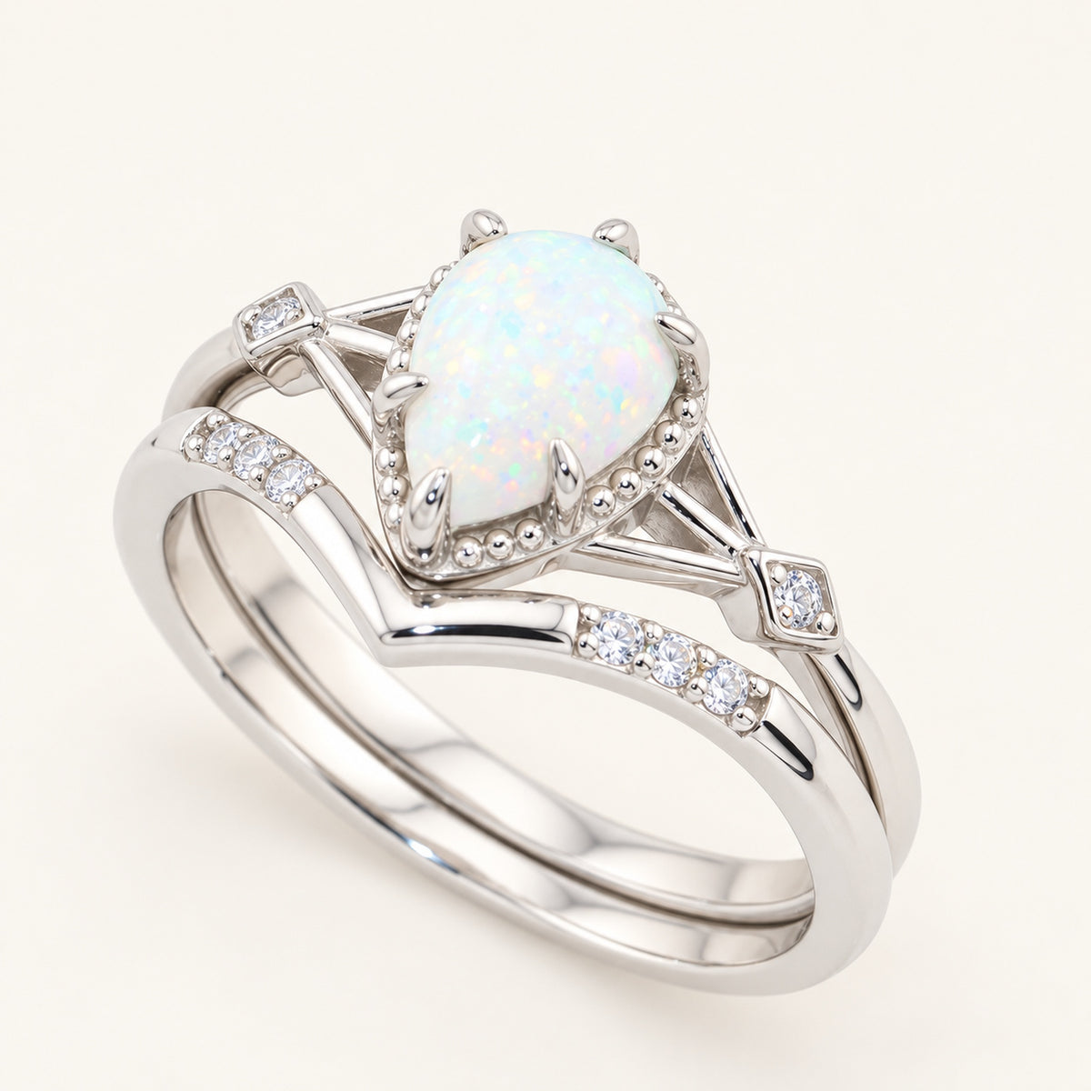 Pear Cut White Opal Wedding Engagement Ring Set Sterling Silver