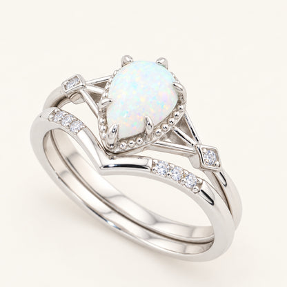 Pear Cut White Opal Wedding Engagement Ring Set Sterling Silver