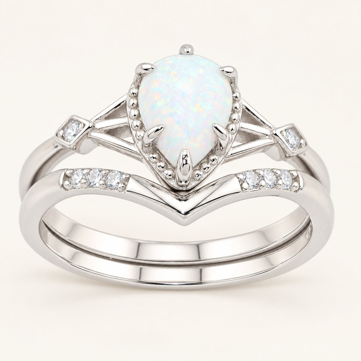 Pear Cut White Opal Wedding Engagement Ring Set Sterling Silver
