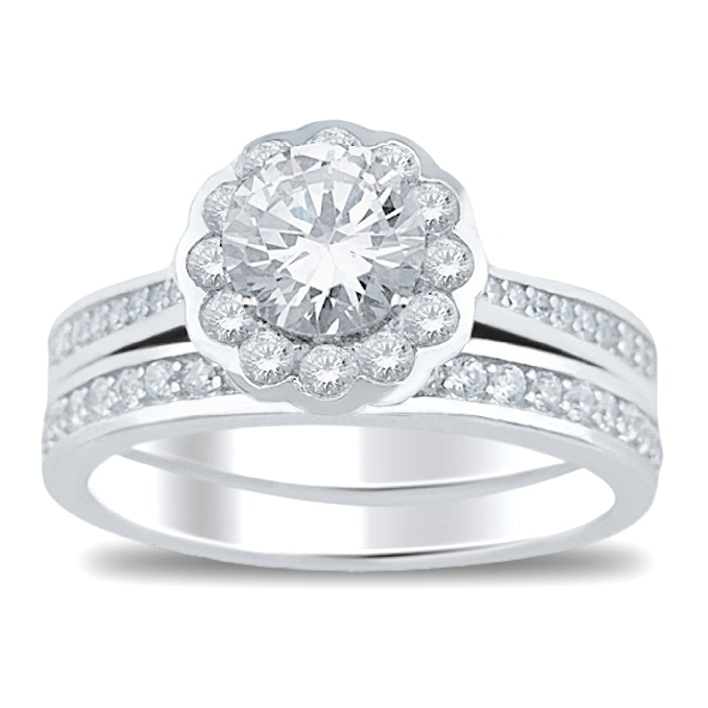 1 Carat Round Brilliant Halo Setting Wedding Engagement Ring Set
