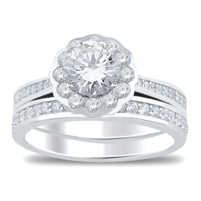 1 Carat Round Brilliant Halo Setting Wedding Engagement Ring Set