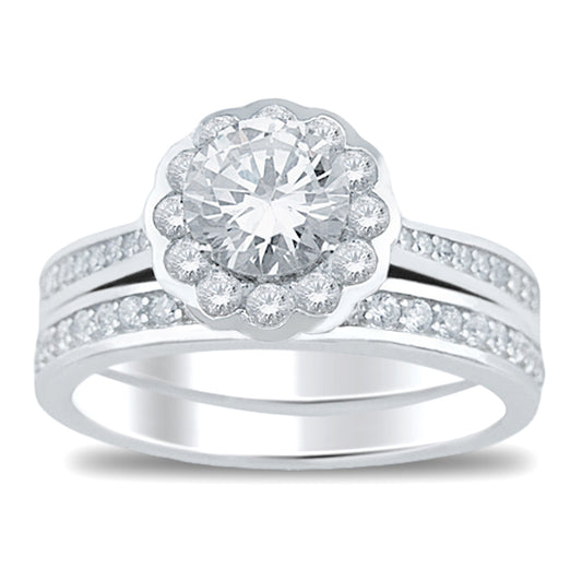 1 Carat Round Brilliant Halo Setting Wedding Engagement Ring Set