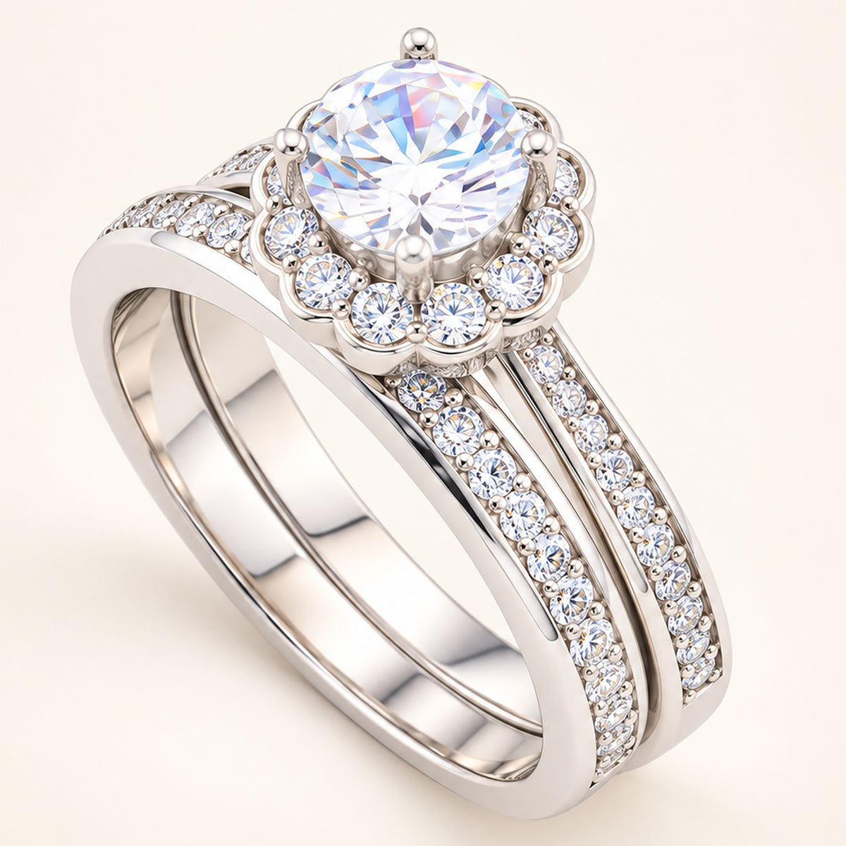 Round Brilliant Halo Wedding Engagement Ring Set for Women in Sterling Silver