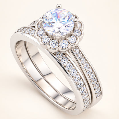 Round Brilliant Halo Wedding Engagement Ring Set for Women in Sterling Silver