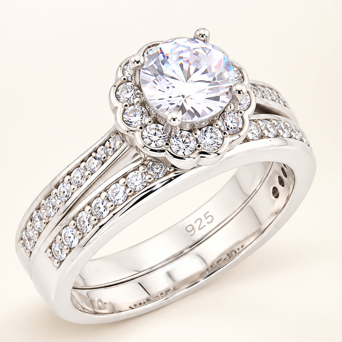 Round Brilliant Halo Wedding Engagement Ring Set for Women in Sterling Silver