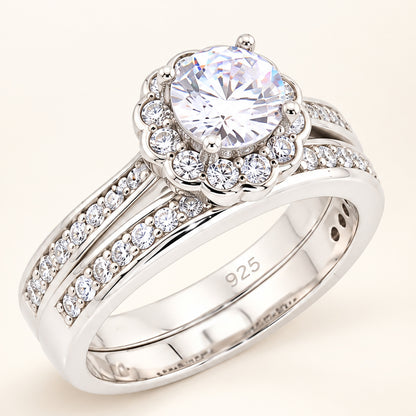 Round Brilliant Halo Wedding Engagement Ring Set for Women in Sterling Silver