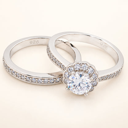 Round Brilliant Halo Wedding Engagement Ring Set for Women in Sterling Silver