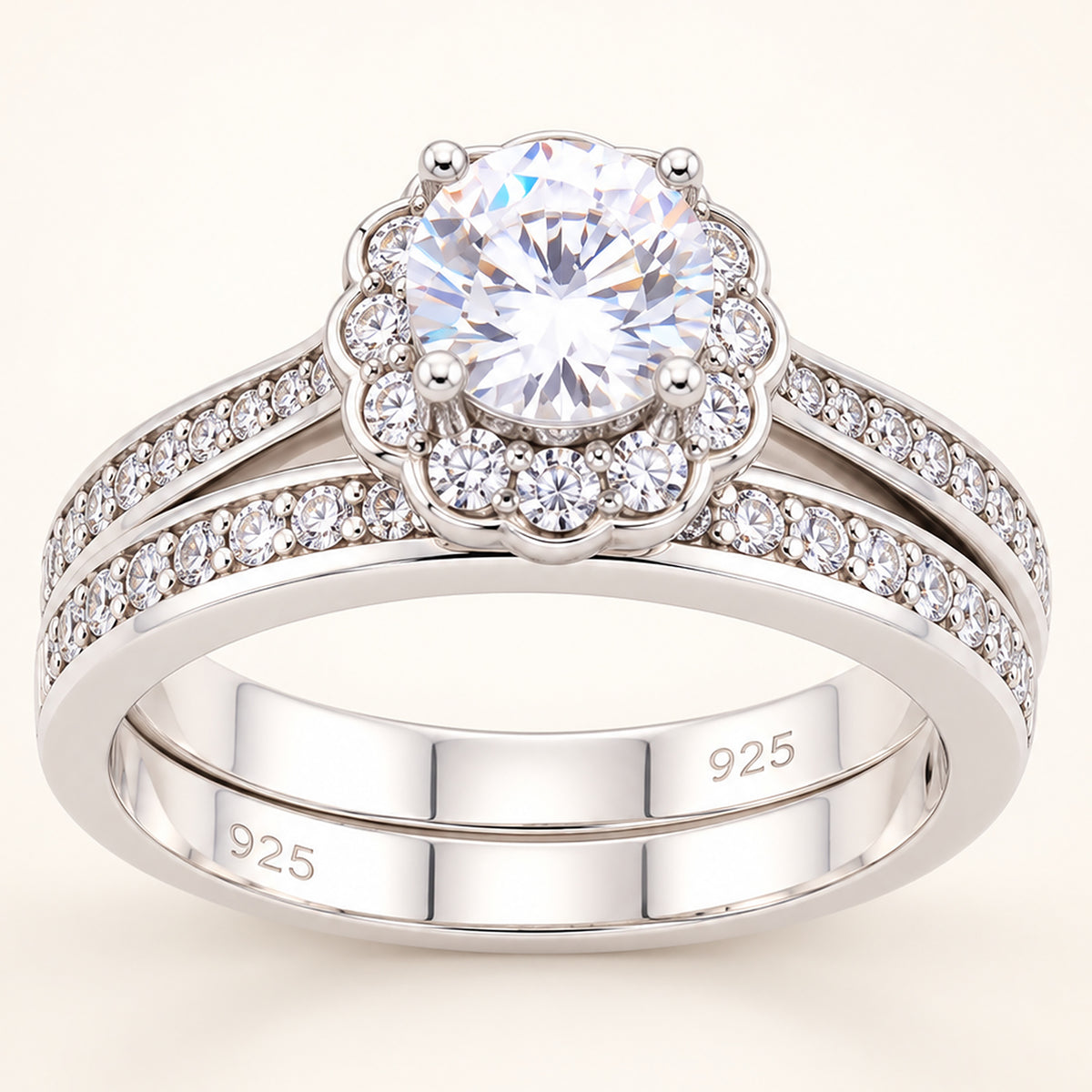 Round Brilliant Halo Wedding Engagement Ring Set for Women in Sterling Silver