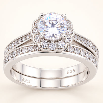 Round Brilliant Halo Wedding Engagement Ring Set for Women in Sterling Silver