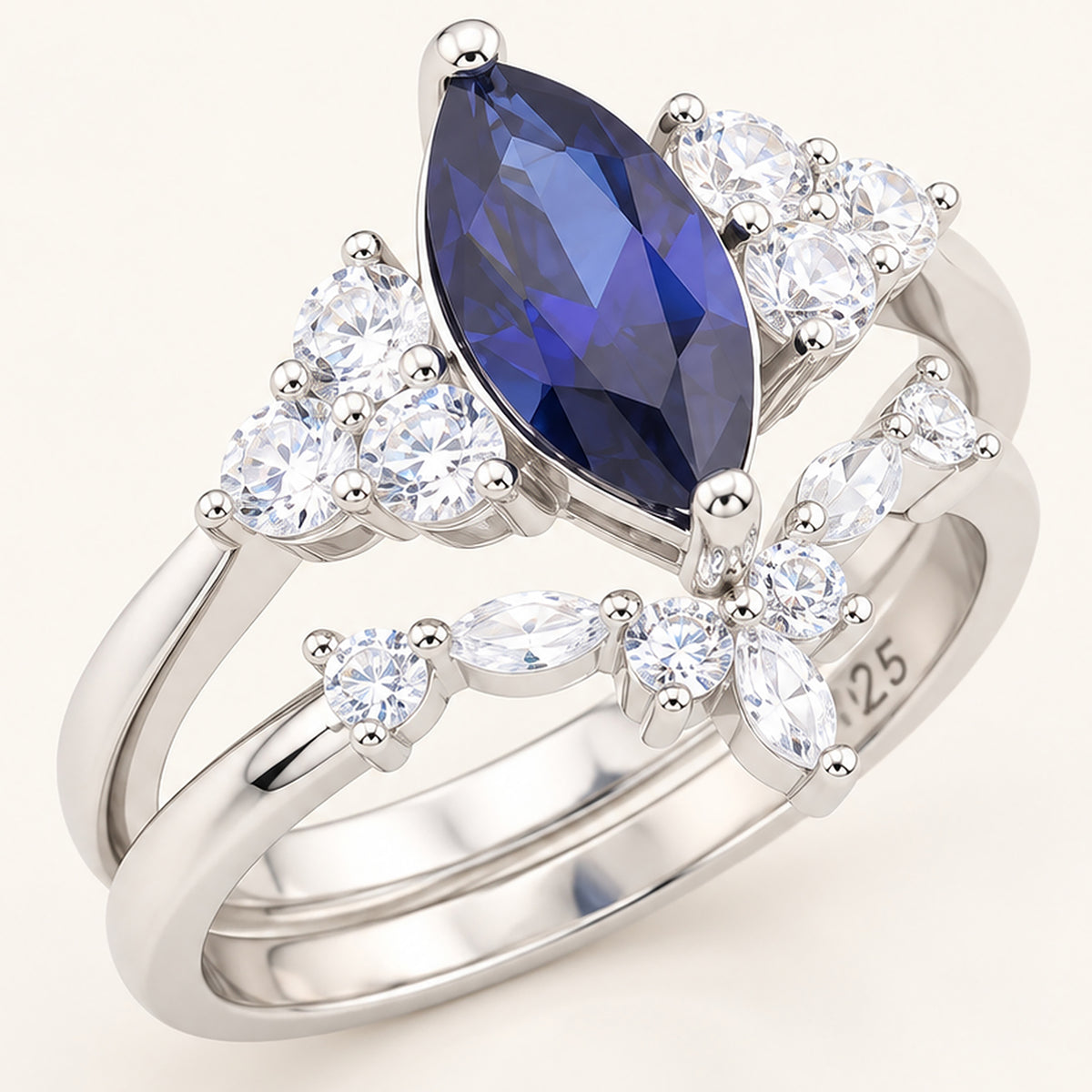 Art Deco Simulated Sapphire Blue CZ Sterling Silver Bridal Ring Set