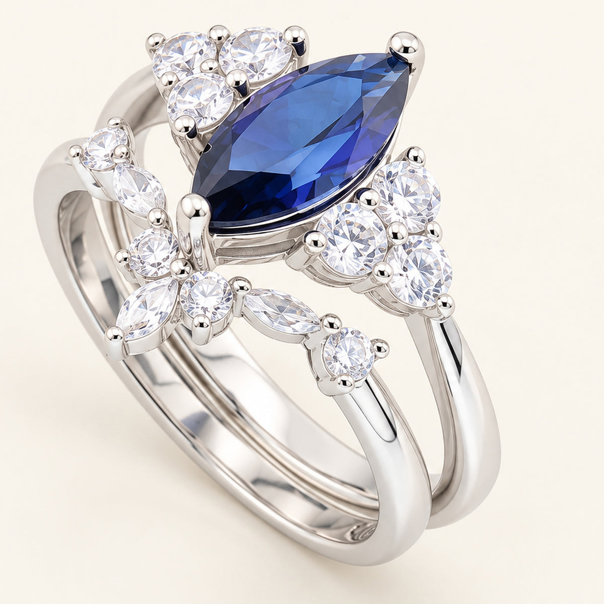 Art Deco Simulated Sapphire Blue CZ Sterling Silver Bridal Ring Set