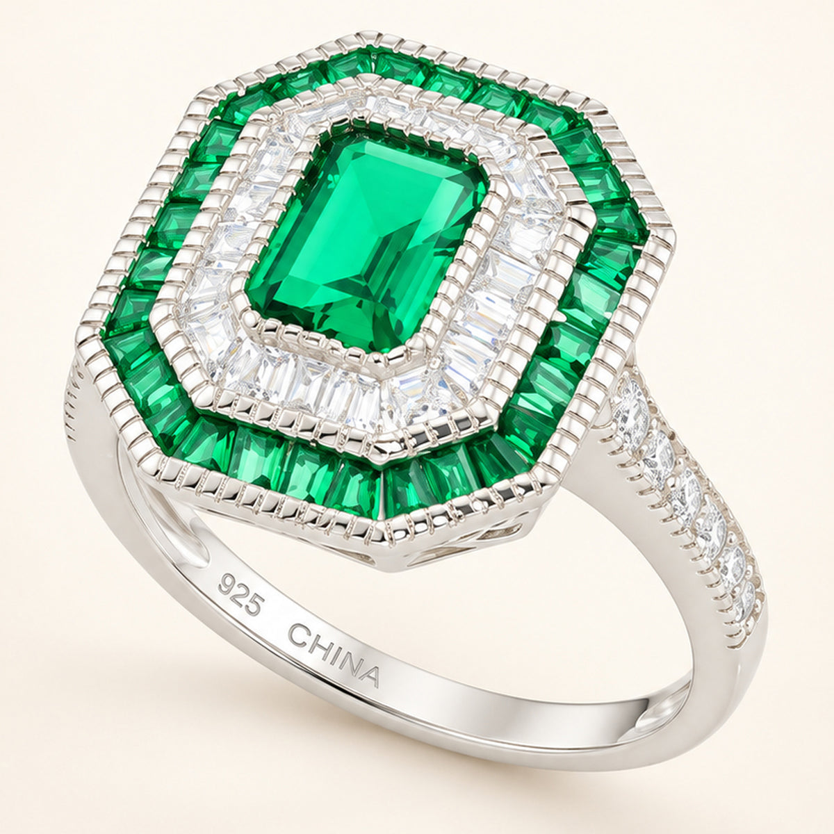 Simulated Emerald 1 Carat Green Cubic Zirconia Vintage Engagement Ring