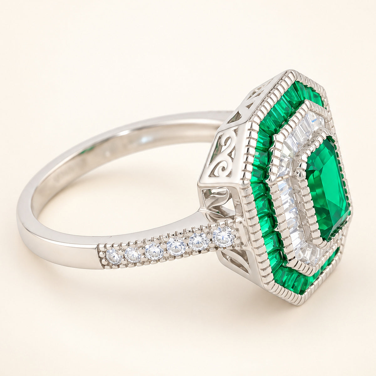 Simulated Emerald 1 Carat Green Cubic Zirconia Vintage Engagement Ring