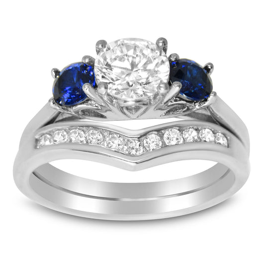 3 Stone Simulated Sapphire and CZ Sterling Silver Boston Setting Wedding Ring Set