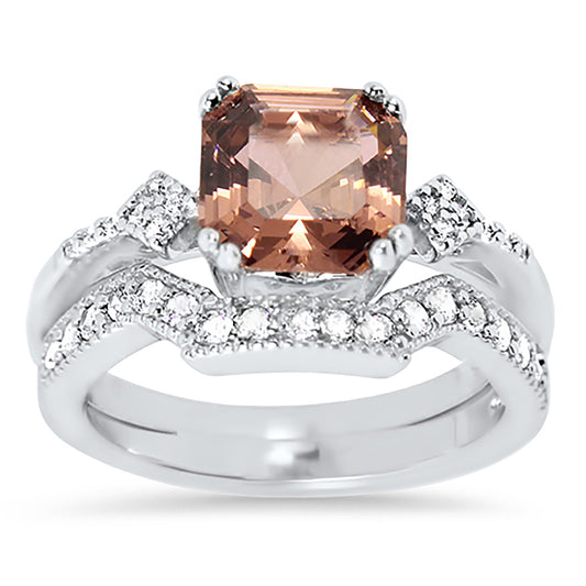 1 Carat Princess Cut Pink CZ Simulated Morganite Wedding Engagement Ring Set