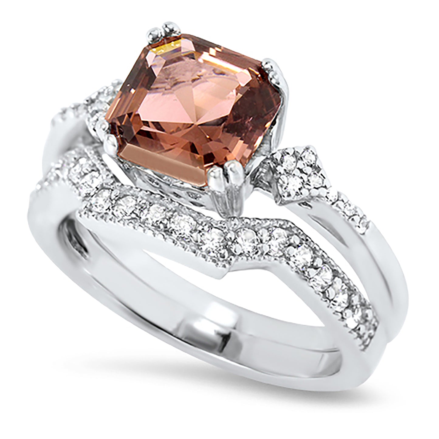 1 Carat Pink CZ Sterling Silver Wedding Engagement Ring Set