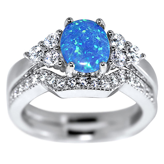 2 Carat Lab Created Blue Opal and CZ Silver Wedding Engagement Ring Set