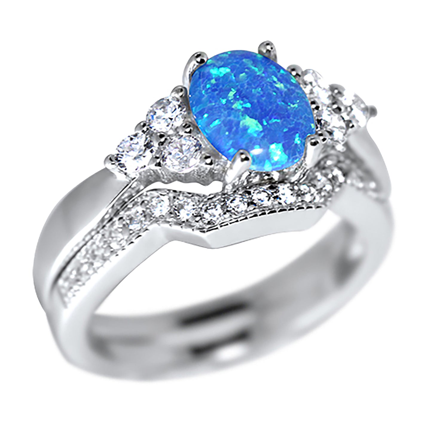 2 Carat Lab Created Blue Opal and CZ Silver Wedding Engagement Ring Set