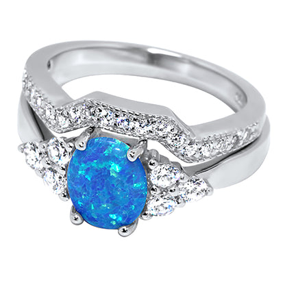 2 Carat Lab Created Blue Opal and CZ Silver Wedding Engagement Ring Set