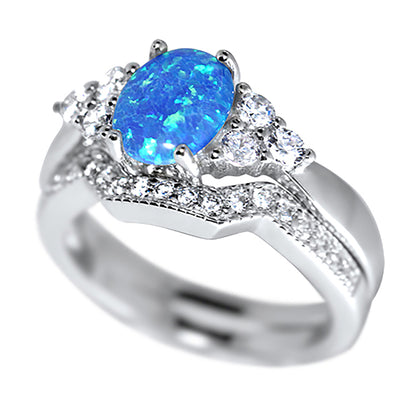 2 Carat Lab Created Blue Opal and CZ Silver Wedding Engagement Ring Set