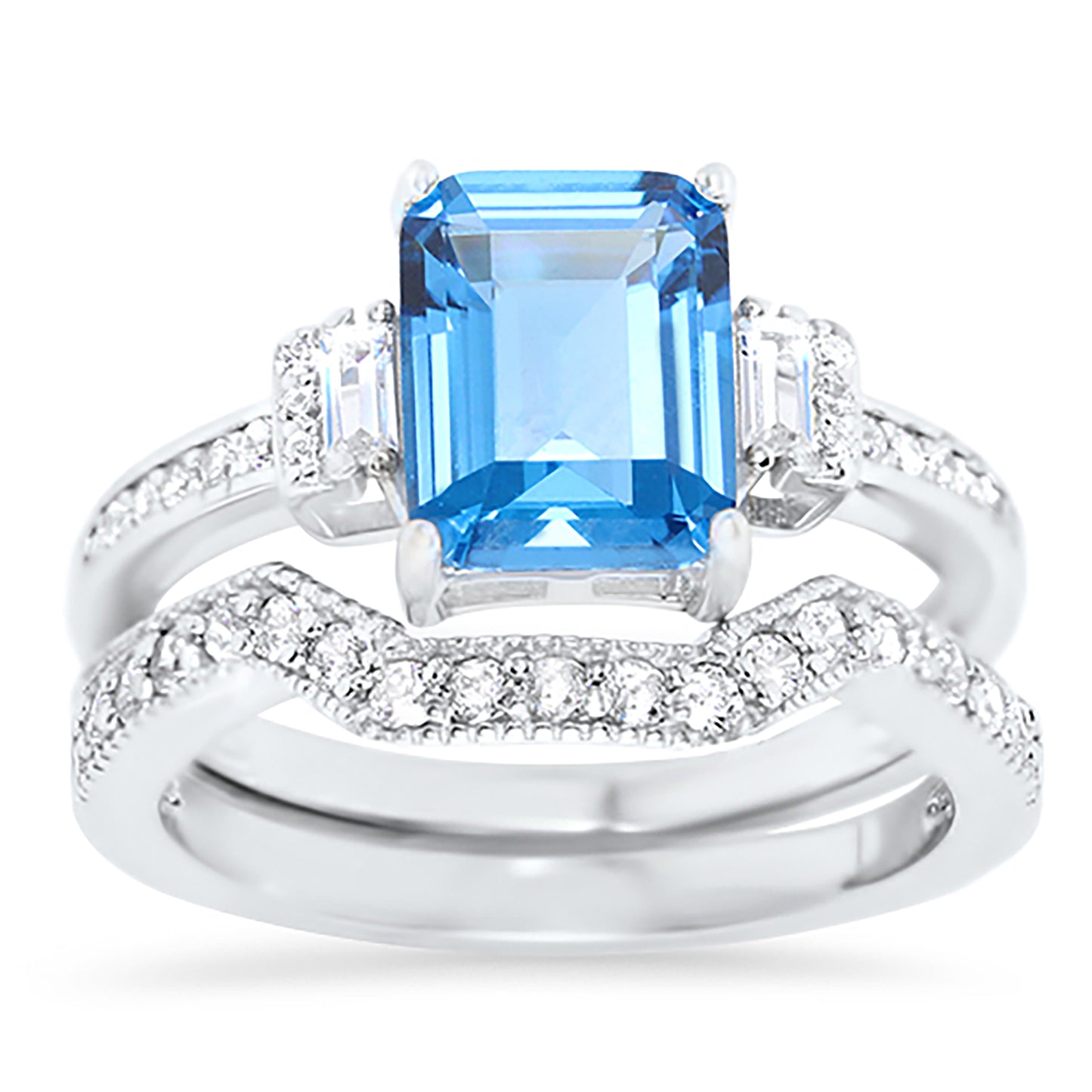1.5 Carat Blue Topaz Color CZ Silver Wedding Engagement Ring Set