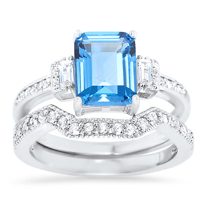 1.5 Carat Blue Topaz Color CZ Silver Wedding Engagement Ring Set