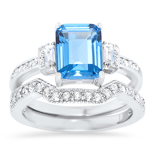 1.5 Carat Blue Topaz Color CZ Silver Wedding Engagement Ring Set