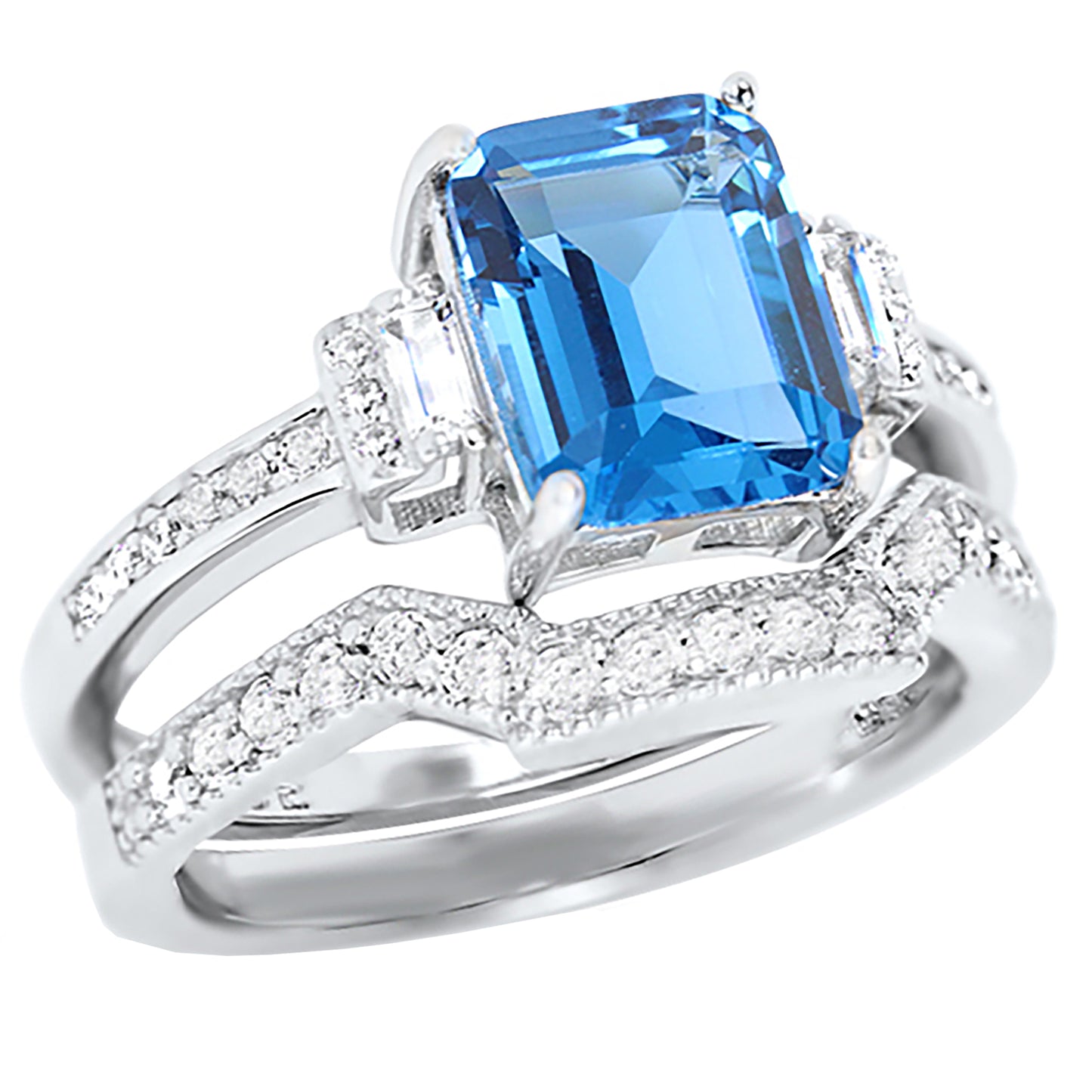 1.5 Carat Blue Topaz Color CZ Silver Wedding Engagement Ring Set