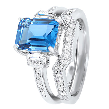 1.5 Carat Blue Topaz Color CZ Silver Wedding Engagement Ring Set