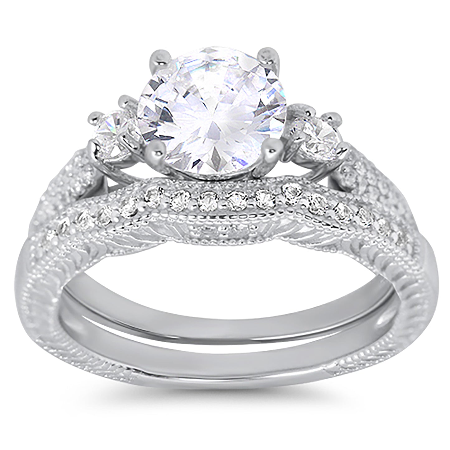 1.5 Carat Round Cut White CZ Three Stone Silver Wedding Engagement Ring Set