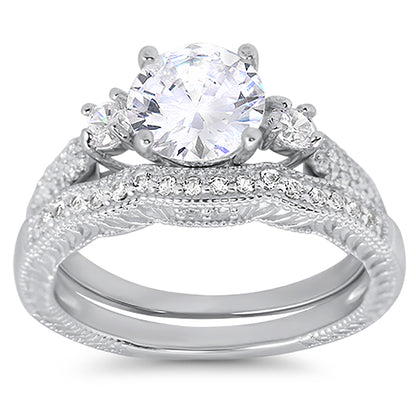 1.5 Carat Round Cut White CZ Three Stone Silver Wedding Engagement Ring Set