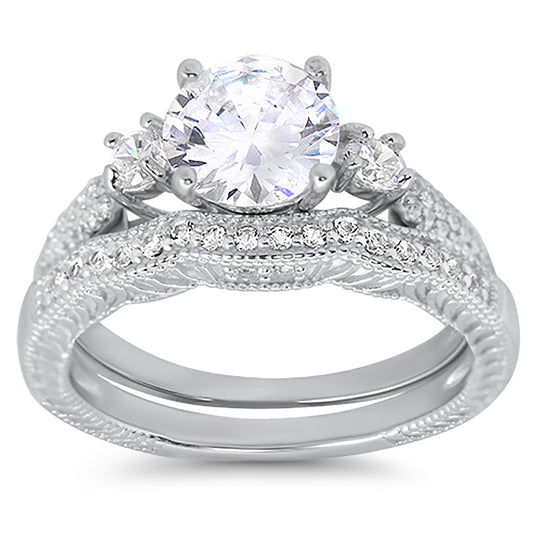 1.5 Carat Round Cut White CZ Three Stone Silver Wedding Engagement Ring Set