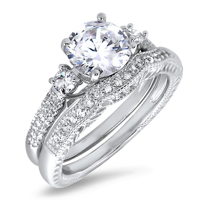1.5 Carat Round Cut White CZ Three Stone Silver Wedding Engagement Ring Set