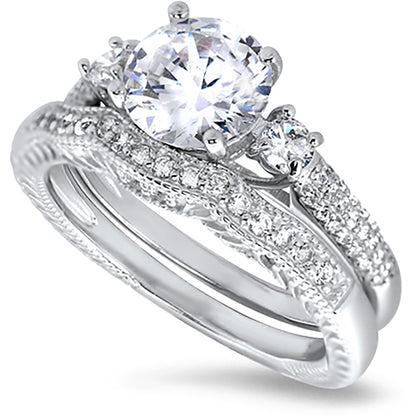 1.5 Carat Round Cut White CZ Three Stone Silver Wedding Engagement Ring Set