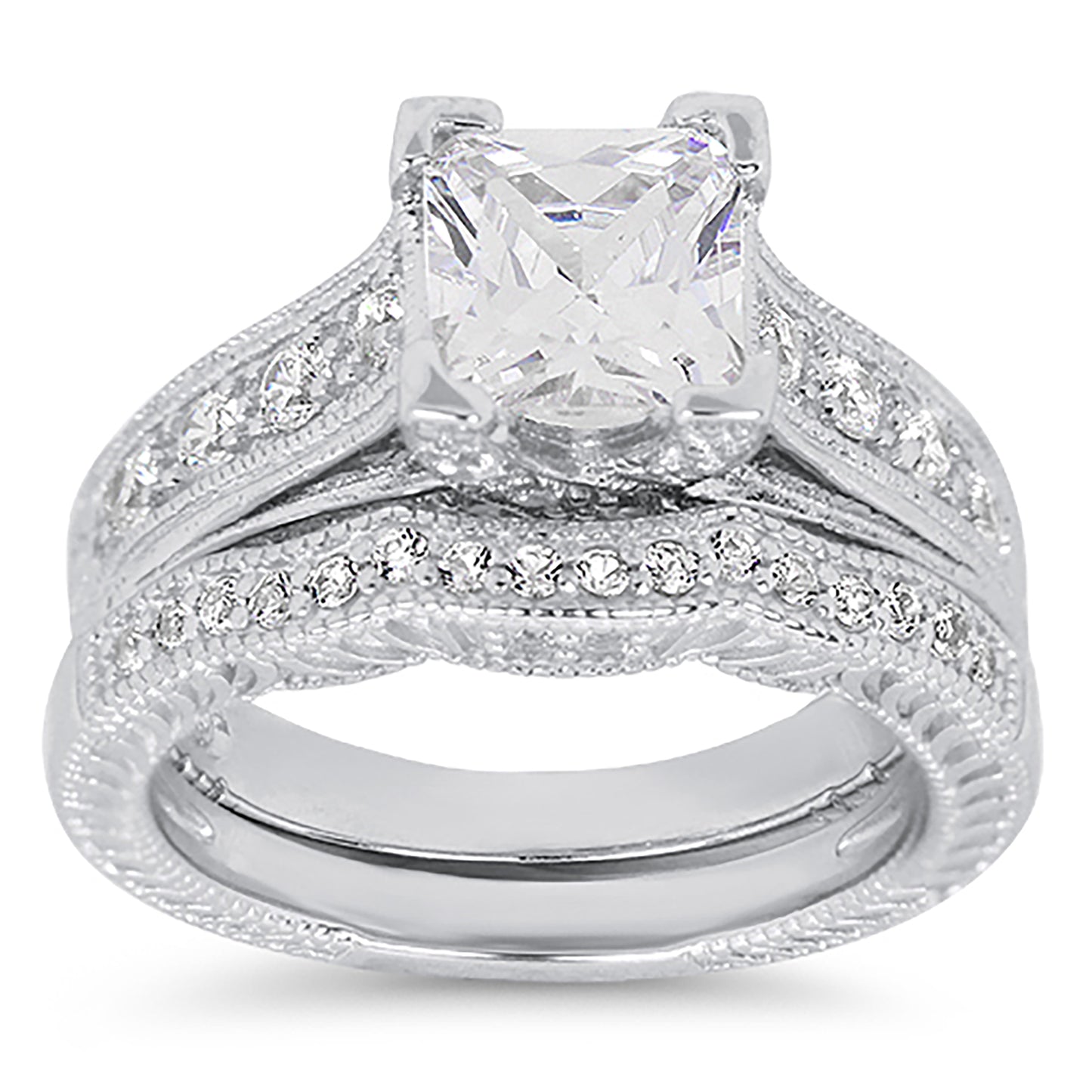 1.5 Carat CZ Vintage Style Sterling Silver Wedding Engagement Ring Set