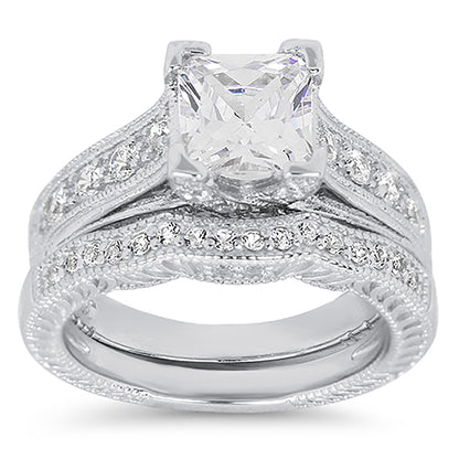 1.5 Carat CZ Vintage Style Sterling Silver Wedding Engagement Ring Set