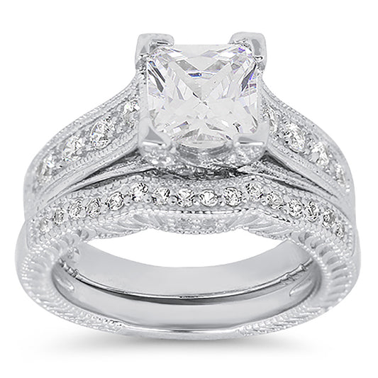 1.5 Carat CZ Vintage Style Sterling Silver Wedding Engagement Ring Set