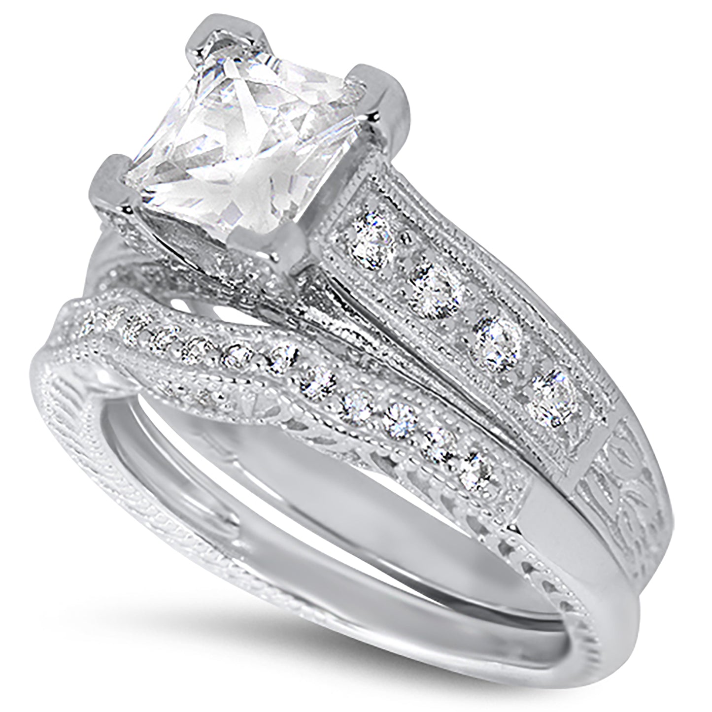 1.5 Carat CZ Vintage Style Sterling Silver Wedding Engagement Ring Set