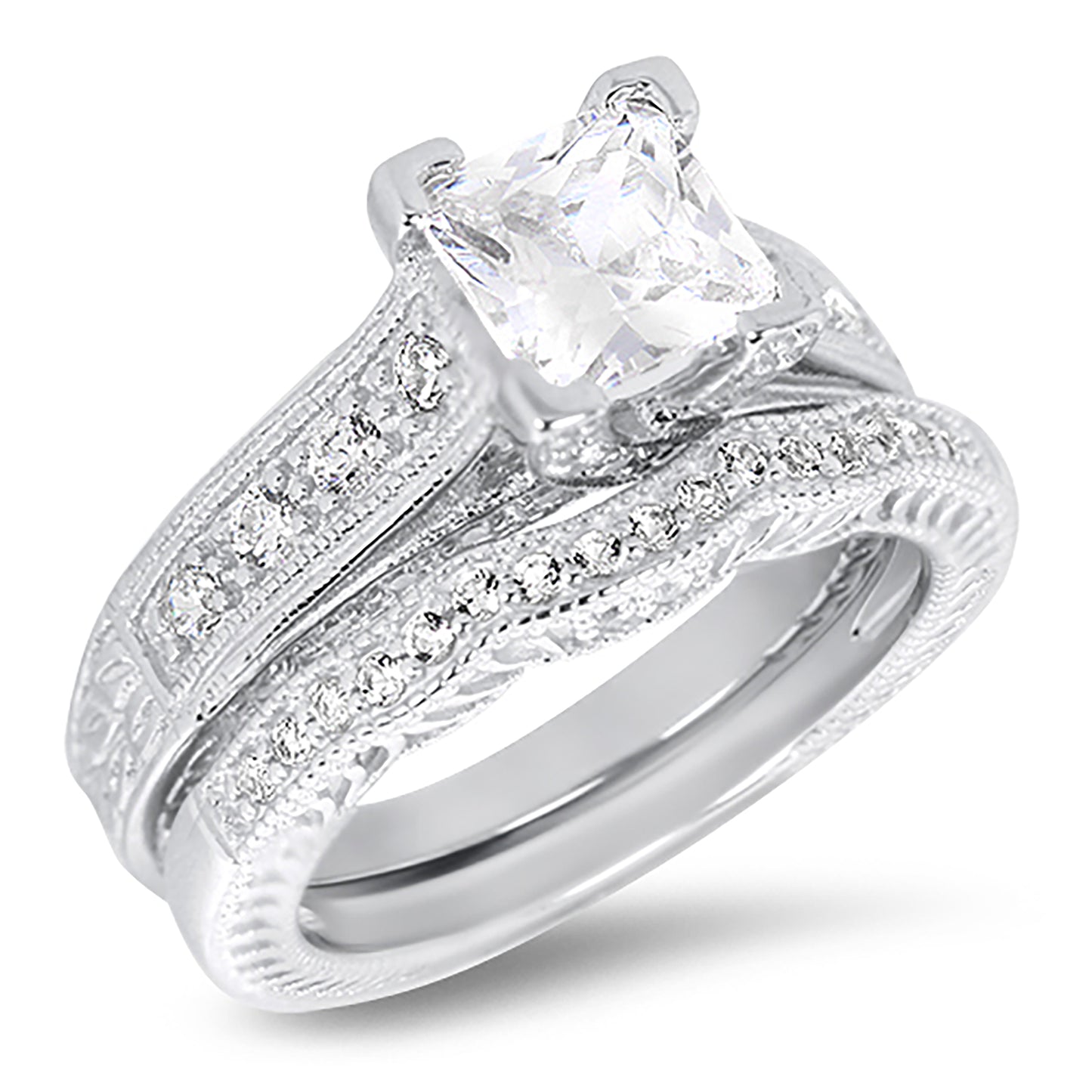 1.5 Carat CZ Vintage Style Sterling Silver Wedding Engagement Ring Set