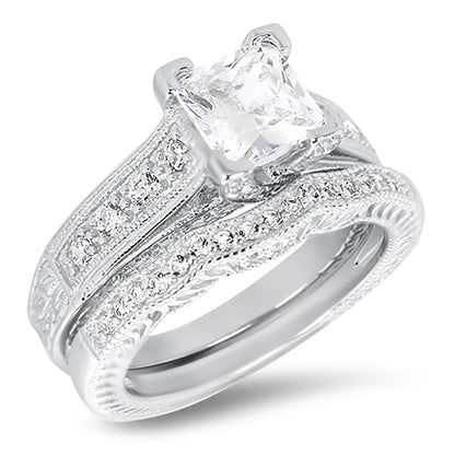 1.5 Carat CZ Vintage Style Sterling Silver Wedding Engagement Ring Set