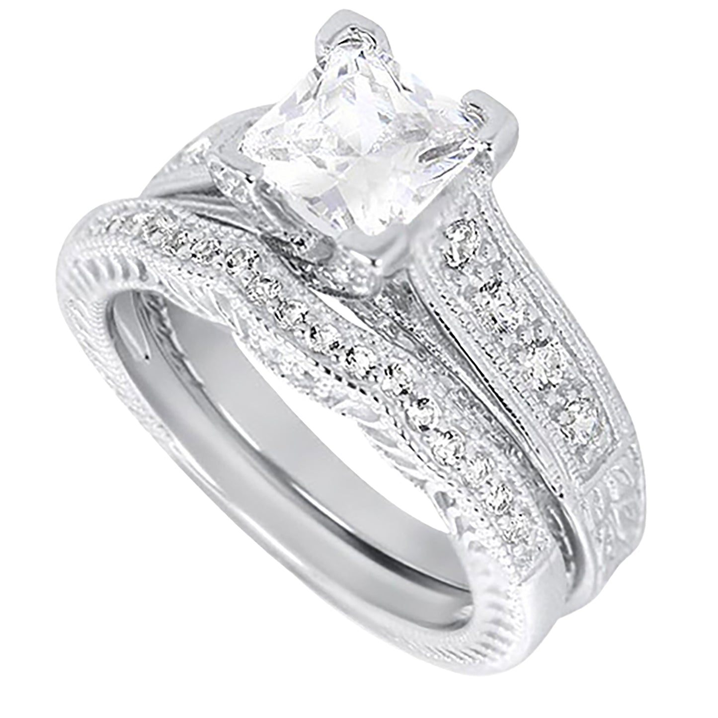 1.5 Carat CZ Vintage Style Sterling Silver Wedding Engagement Ring Set