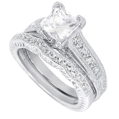 1.5 Carat CZ Vintage Style Sterling Silver Wedding Engagement Ring Set