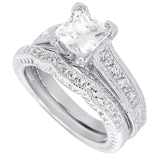 1.5 Carat CZ Vintage Style Sterling Silver Wedding Engagement Ring Set